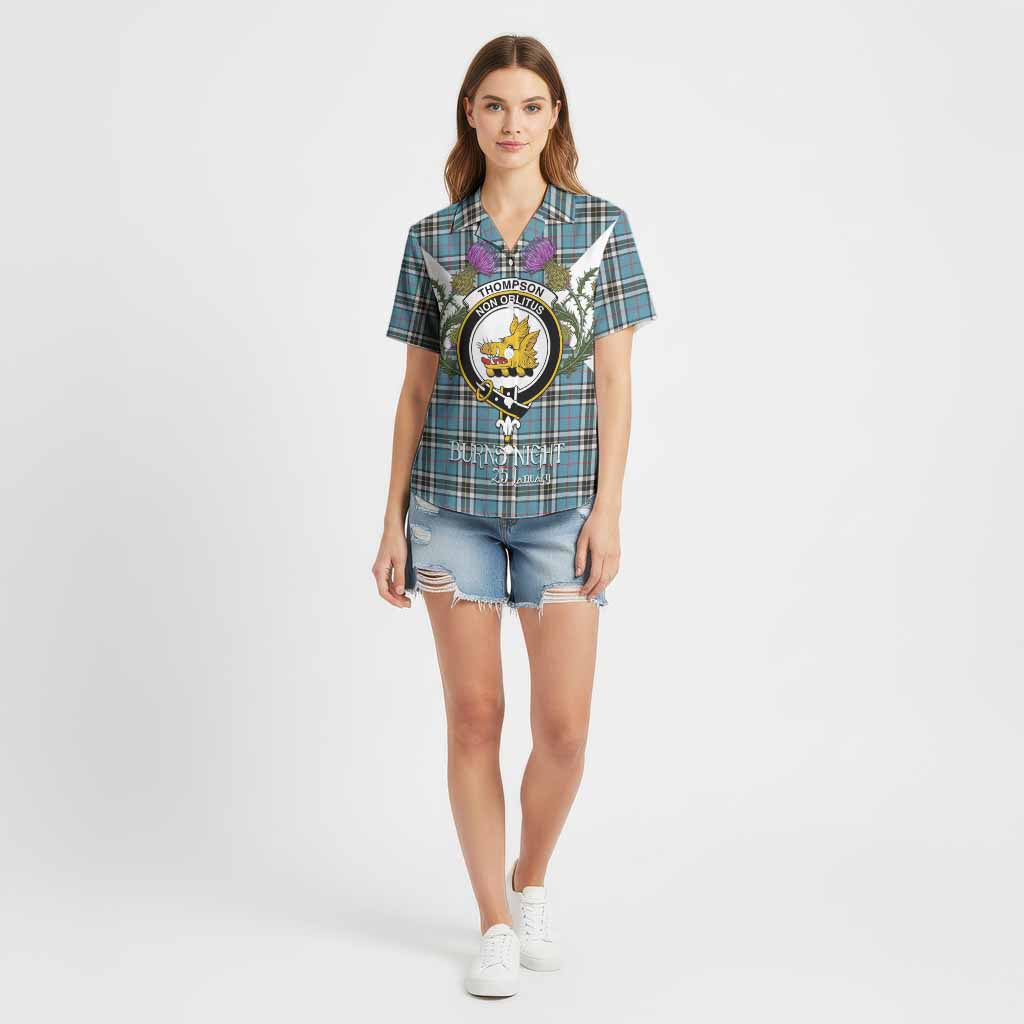 Thompson (Thomson) Tartan Family Crest Cotton Hawaiian Shirt Scottish Burns Night Thistle Floral