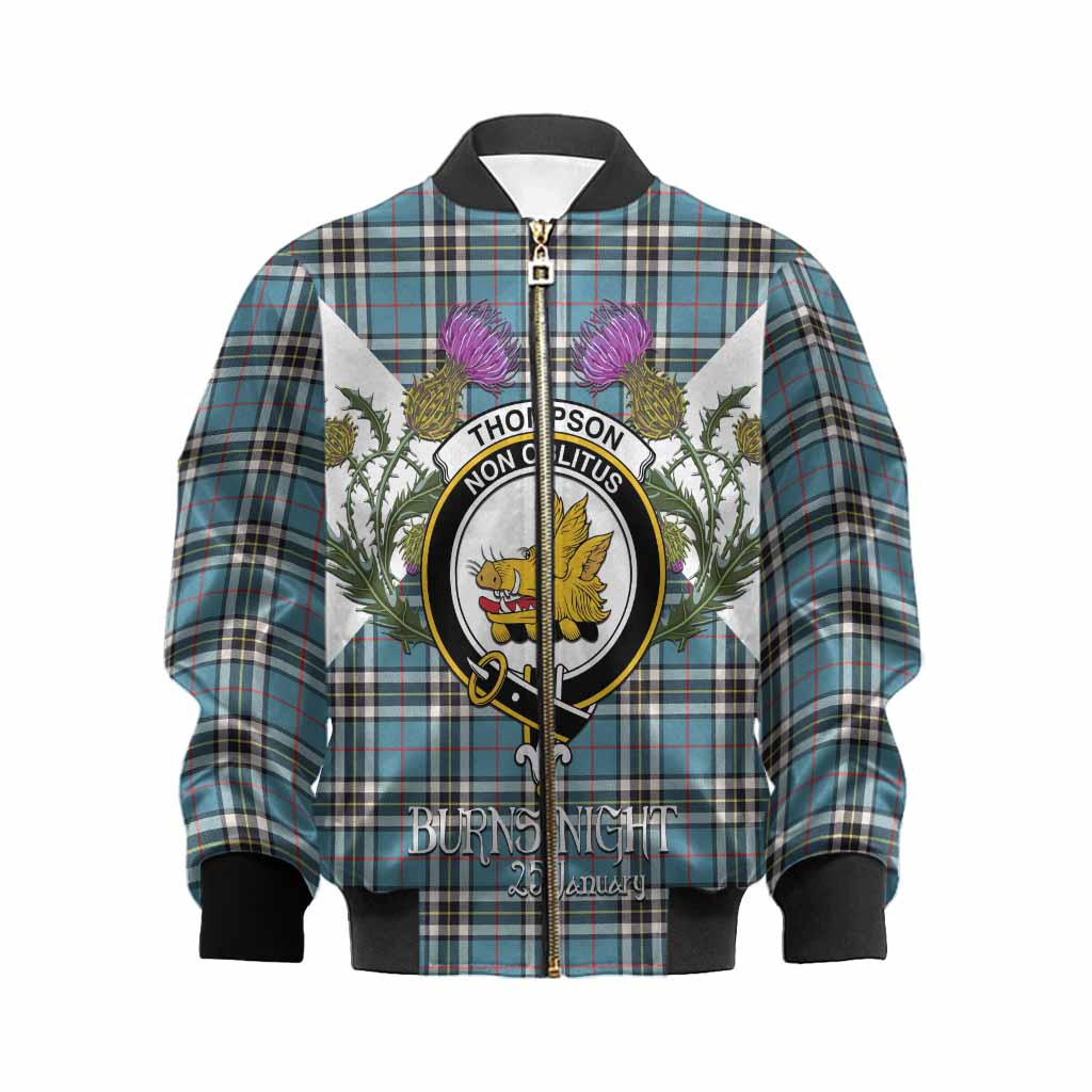 Thompson (Thomson) Tartan Family Crest Kid Bomber Jacket Scottish Burns Night Thistle Floral