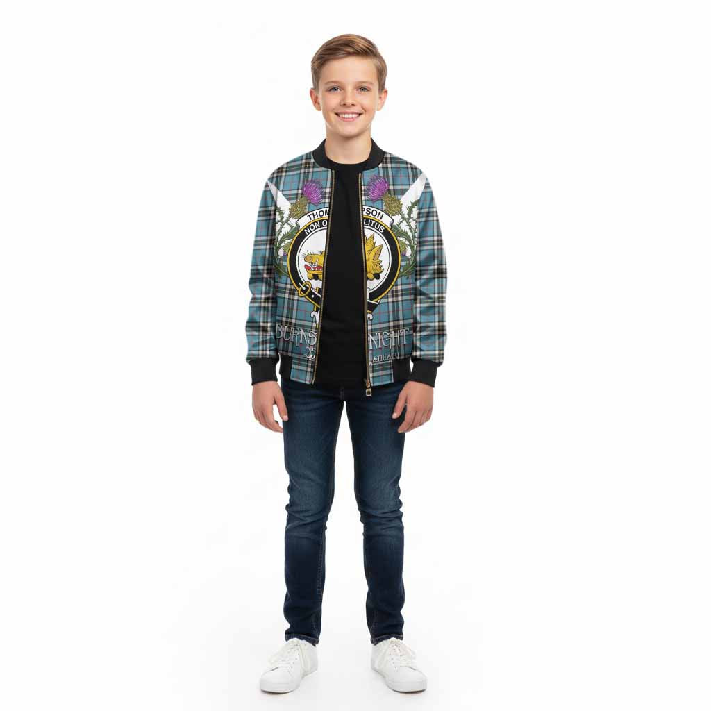 Thompson (Thomson) Tartan Family Crest Kid Bomber Jacket Scottish Burns Night Thistle Floral