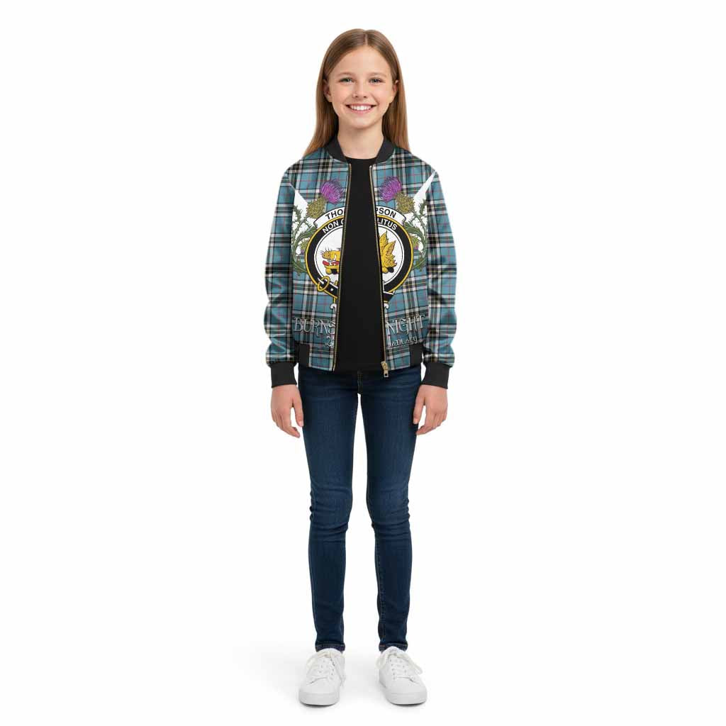 Thompson (Thomson) Tartan Family Crest Kid Bomber Jacket Scottish Burns Night Thistle Floral