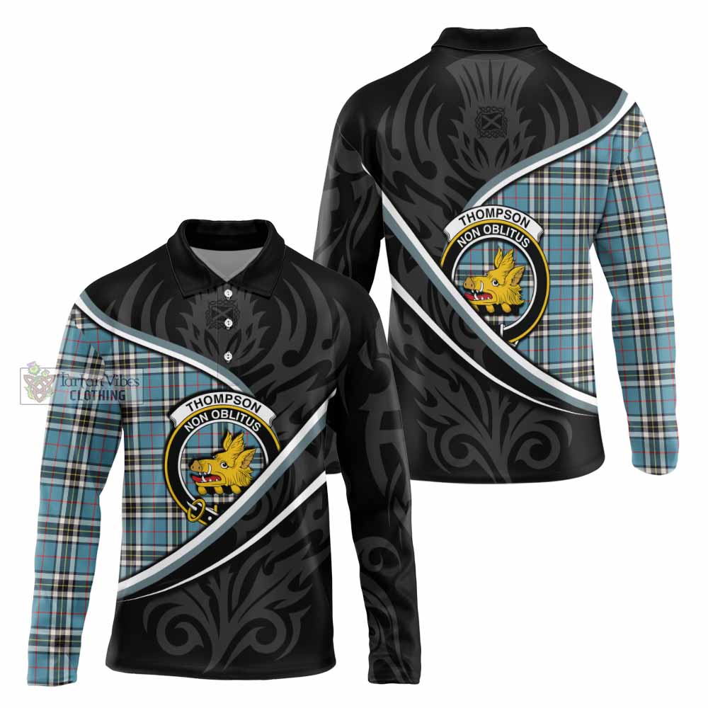 Thompson (Thomson) Tartan Family Crest Long Sleeve Polo Shirt Celtic Scottish Thistle Floral - Tartan Vibes Clothing