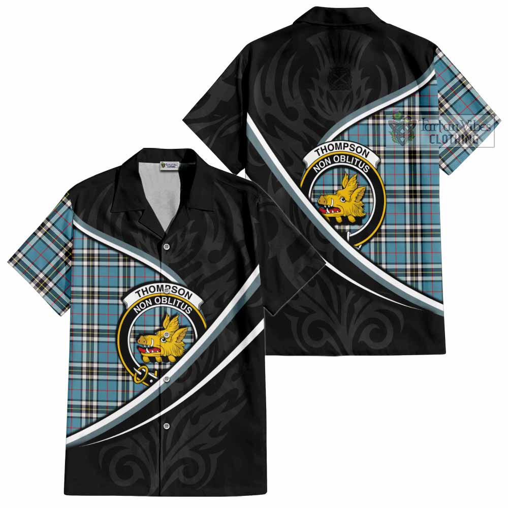 Thompson (Thomson) Tartan Family Crest Short Sleeve Button Shirt Celtic Scottish Thistle Floral - Tartan Vibes Clothing