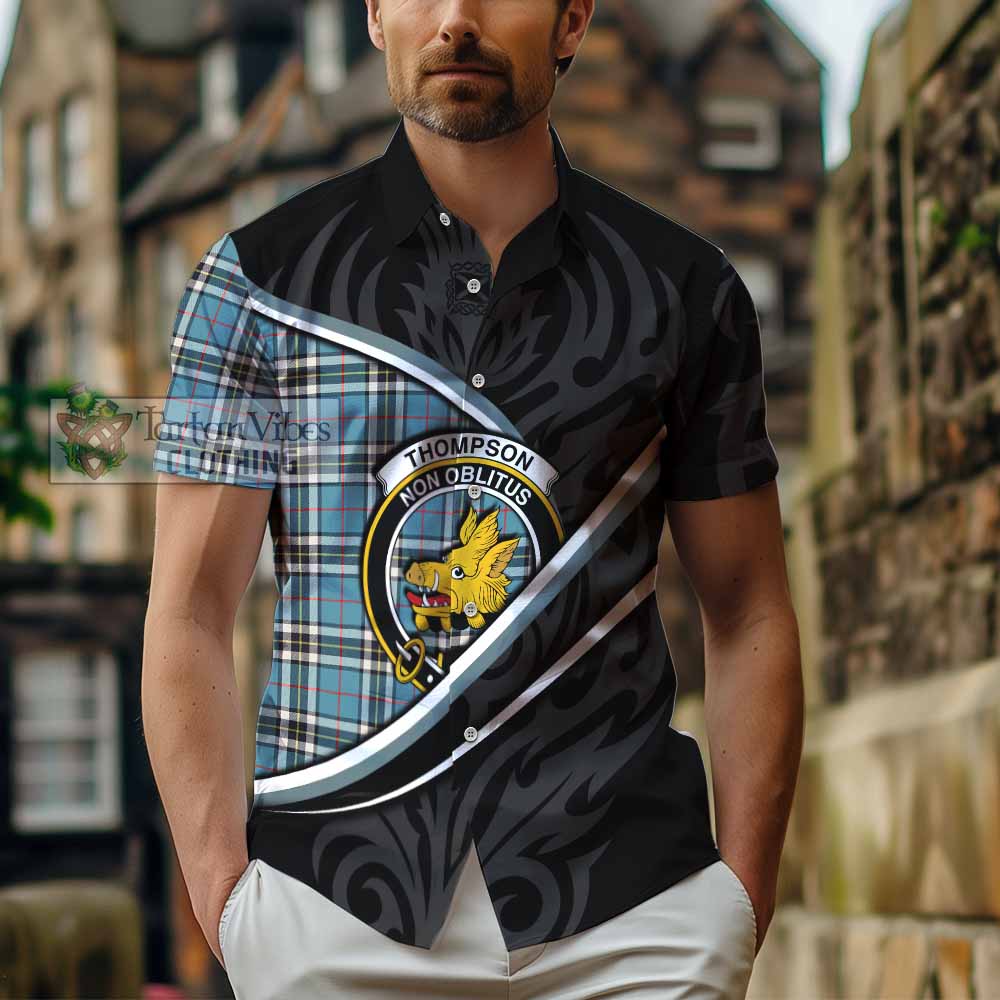 Thompson (Thomson) Tartan Family Crest Short Sleeve Button Shirt Celtic Scottish Thistle Floral - Tartan Vibes Clothing