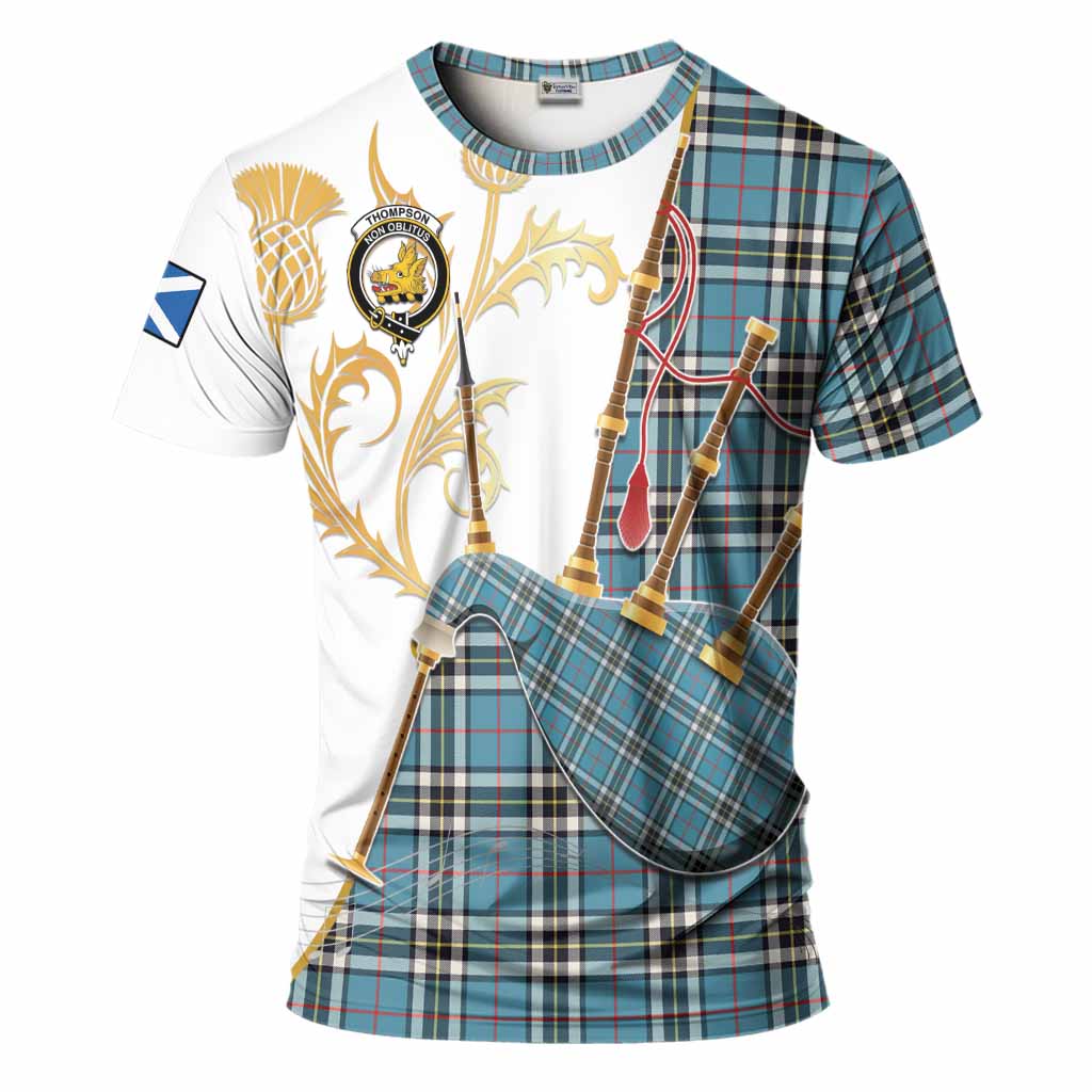 Thompson (Thomson) Tartan Family Crest T-Shirt Bagpipes with Scottish Thistle