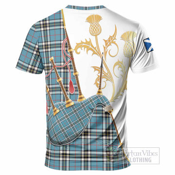 Thompson (Thomson) Tartan Family Crest T-Shirt Bagpipes with Scottish Thistle