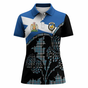 Thompson (Thomson) Tartan Family Crest Women Polo Shirt Scotland Thistle Floral Flag Style