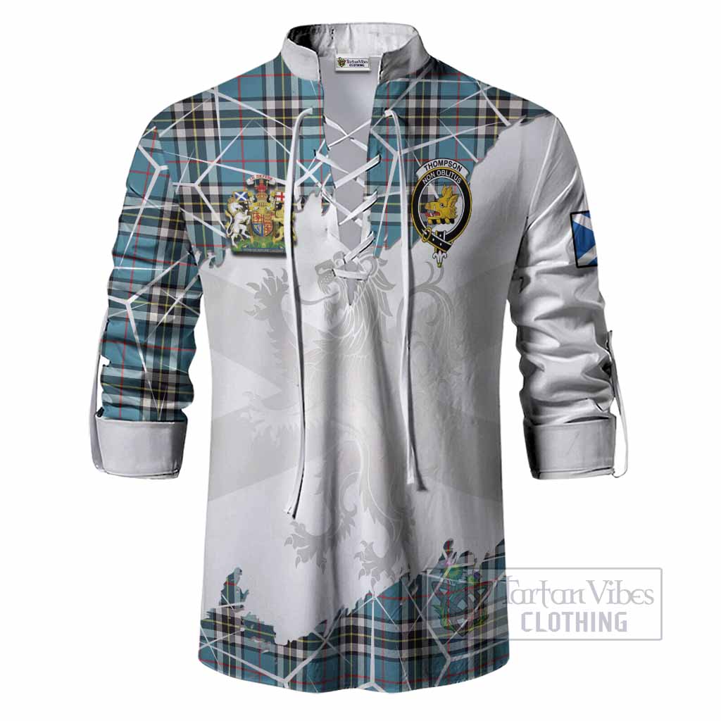 Thompson (Thomson) Tartan Ghillie Shirt with Family Crest and Lion Rampant Grunge Style