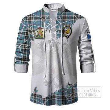 Thompson (Thomson) Tartan Ghillie Shirt with Family Crest and Lion Rampant Grunge Style
