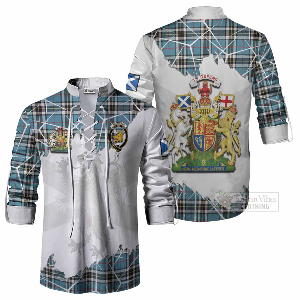 Thompson (Thomson) Tartan Ghillie Shirt with Family Crest and Lion Rampant Grunge Style