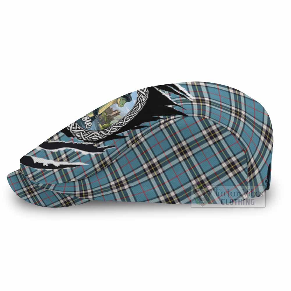 Thompson (Thomson) Tartan Loch Ness Monster Flat Cap, Jeff Cap Celtic Knot Nessie Art
