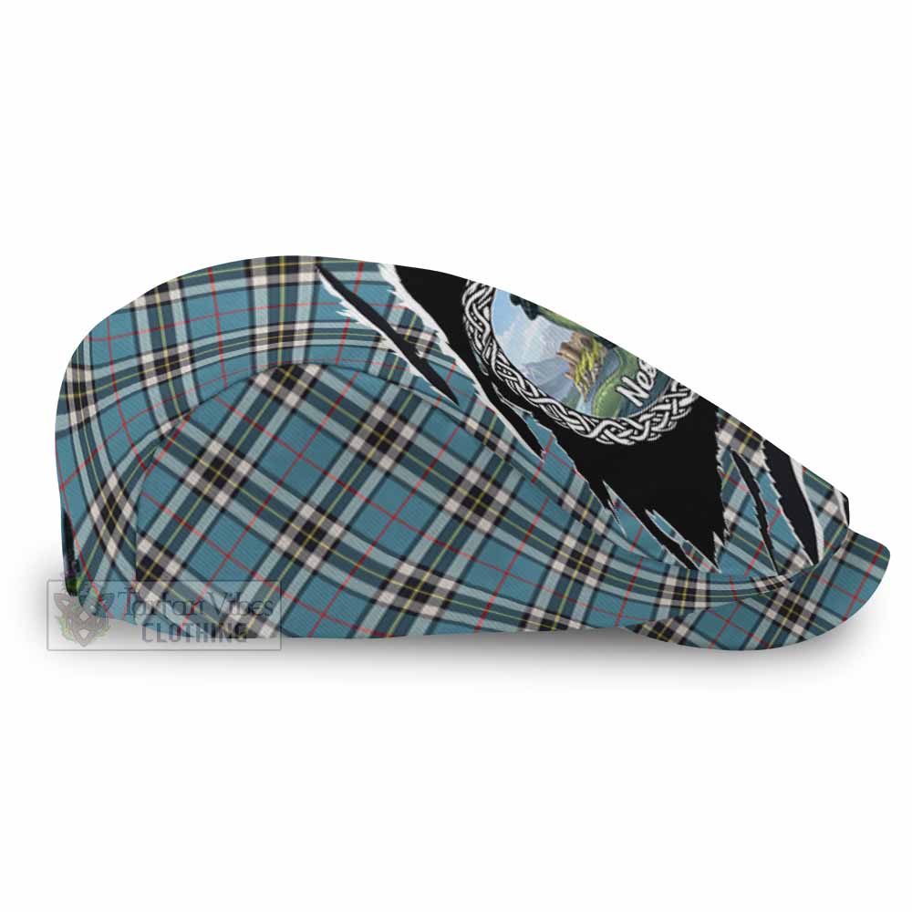 Thompson (Thomson) Tartan Loch Ness Monster Flat Cap, Jeff Cap Celtic Knot Nessie Art