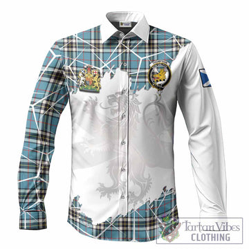 Thompson (Thomson) Tartan Long Sleeve Button Shirts with Family Crest and Lion Rampant Grunge Style