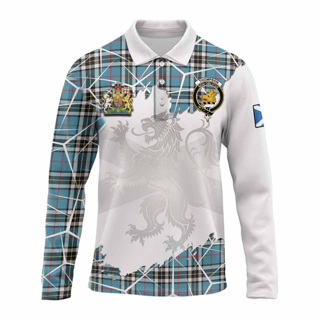 Thompson (Thomson) Tartan Long Sleeve Polo Shirt with Family Crest and Lion Rampant Grunge Style