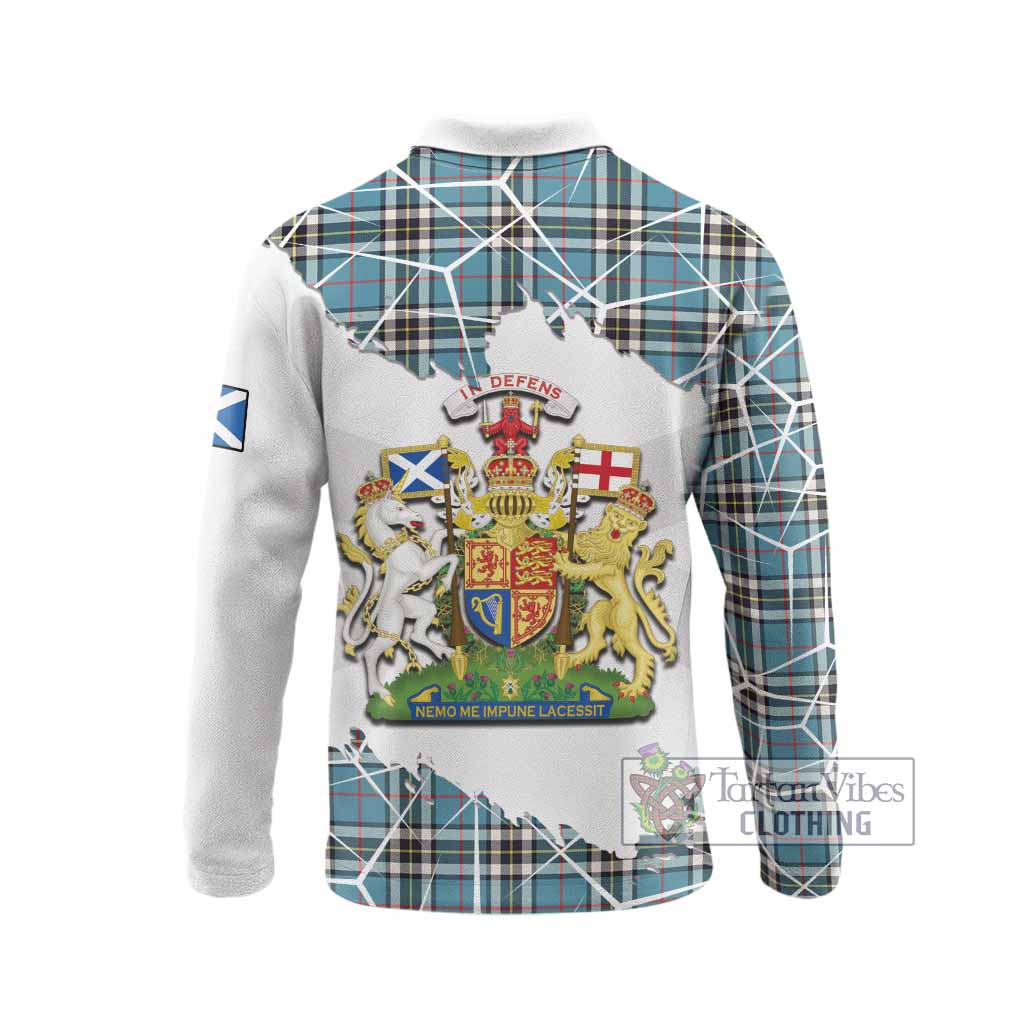 Thompson (Thomson) Tartan Long Sleeve Polo Shirt with Family Crest and Lion Rampant Grunge Style