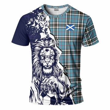 Thompson (Thomson) Tartan Scottish T-Shirt Angry Lion With Soccer Ball Style
