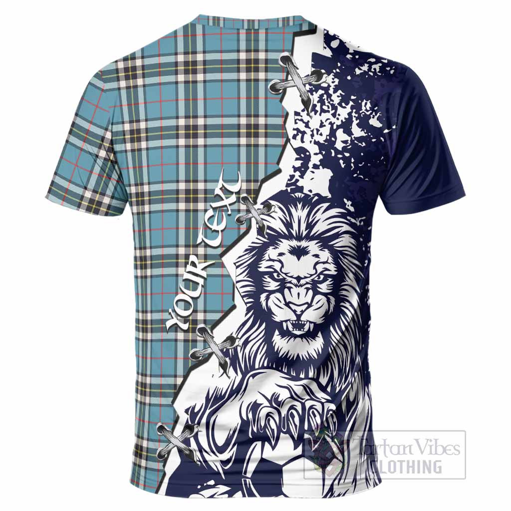 Thompson (Thomson) Tartan Scottish T-Shirt Angry Lion With Soccer Ball Style