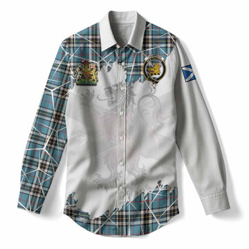 Thompson (Thomson) Tartan Women Casual Shirt with Family Crest and Lion Rampant Grunge Style