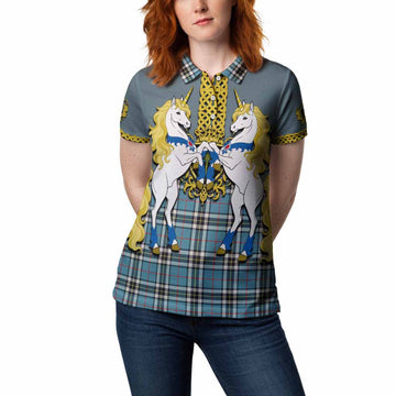 Thompson (Thomson) Tartan Women Polo Shirt Unicorn Celtic Knot And Thistle Emblem