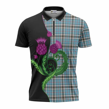 Thompson (Thomson) Tartan Zipper Polo Shirt Traditional Scottish Thistle