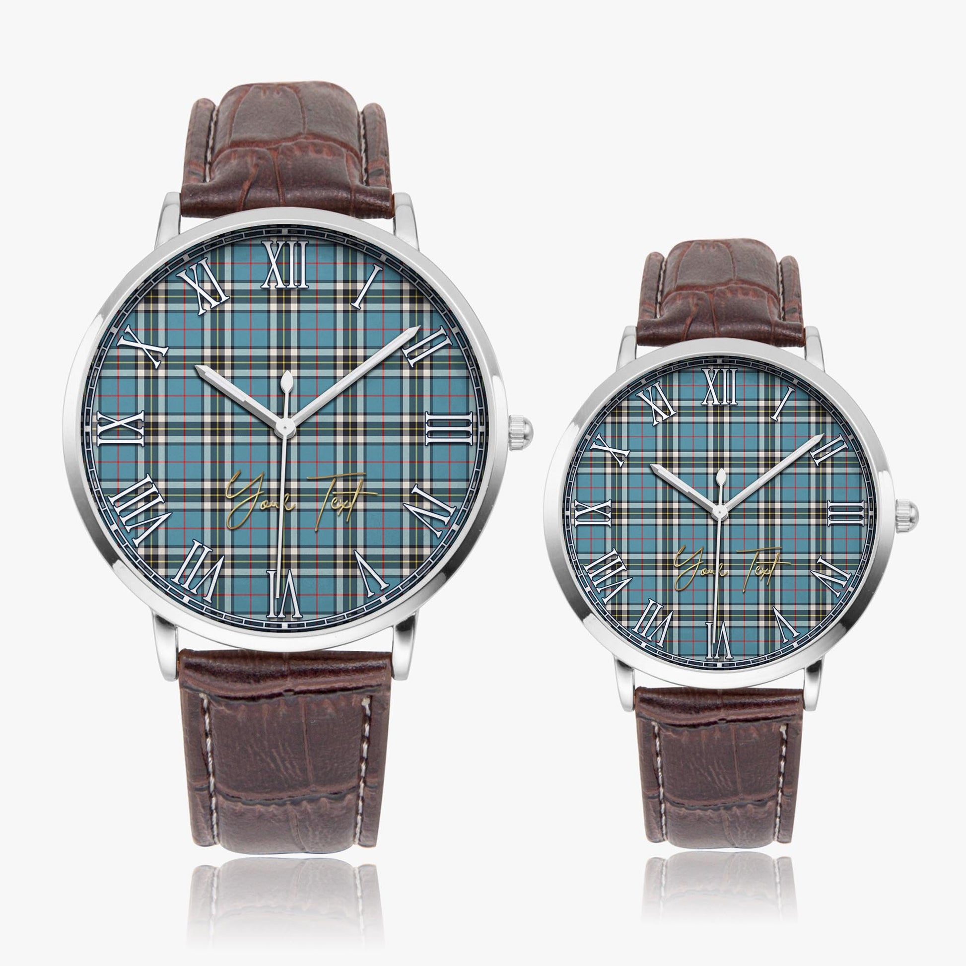 Thomson Tartan Personalized Your Text Leather Trap Quartz Watch Ultra Thin Silver Case With Brown Leather Strap - Tartanvibesclothing Shop