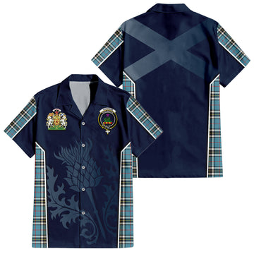 Thomson Tartan Short Sleeve Button Up Shirt with Family Crest and Scottish Thistle Vibes Sport Style