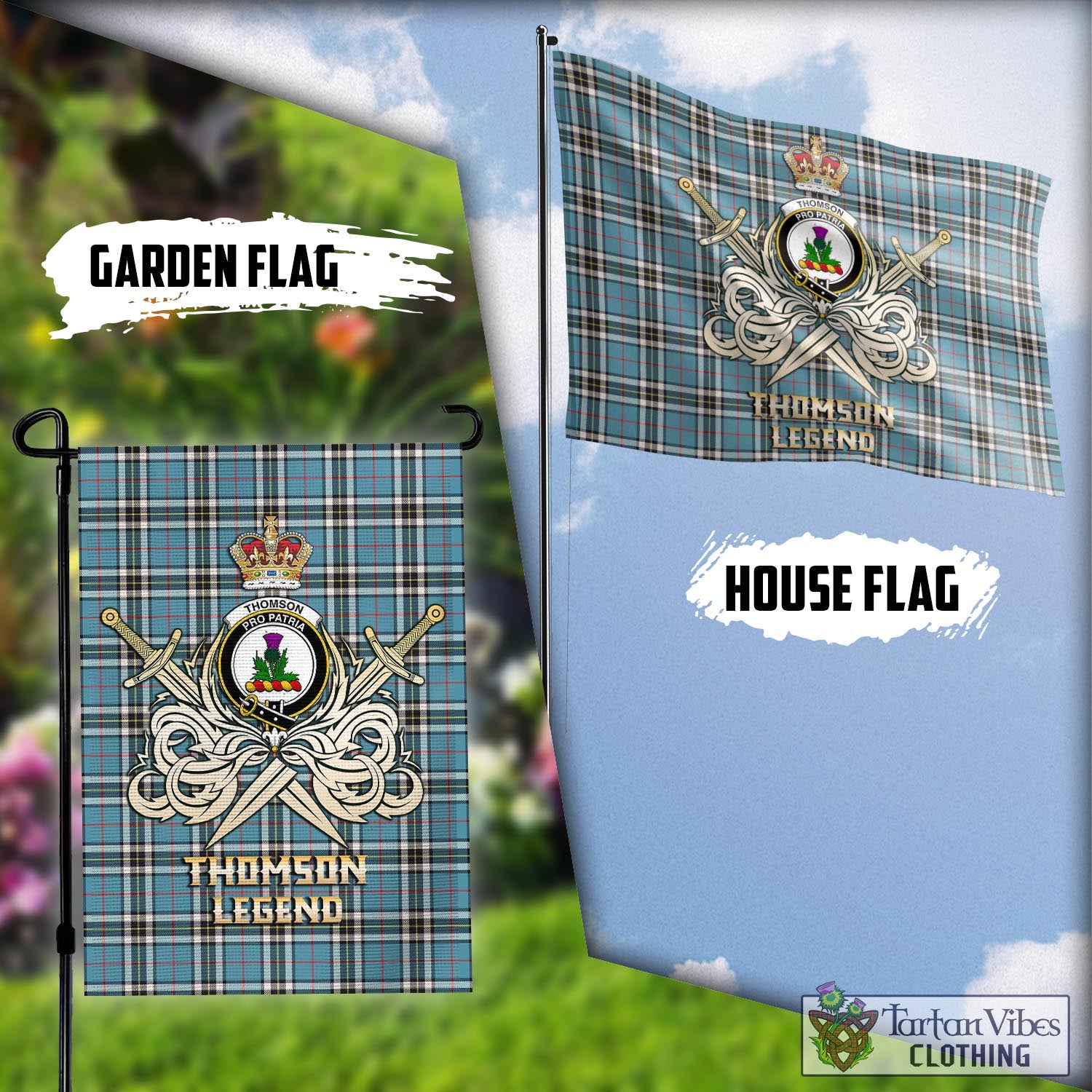 Tartan Vibes Clothing Thomson Tartan Flag with Clan Crest and the Golden Sword of Courageous Legacy