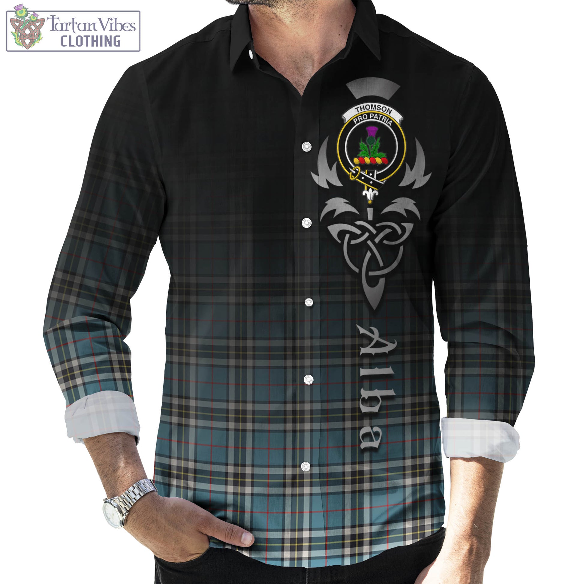 Tartan Vibes Clothing Thomson Tartan Long Sleeve Button Up Featuring Alba Gu Brath Family Crest Celtic Inspired