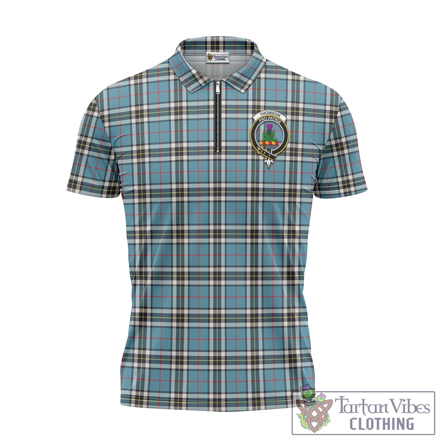 Tartan Vibes Clothing Thomson Tartan Zipper Polo Shirt with Family Crest