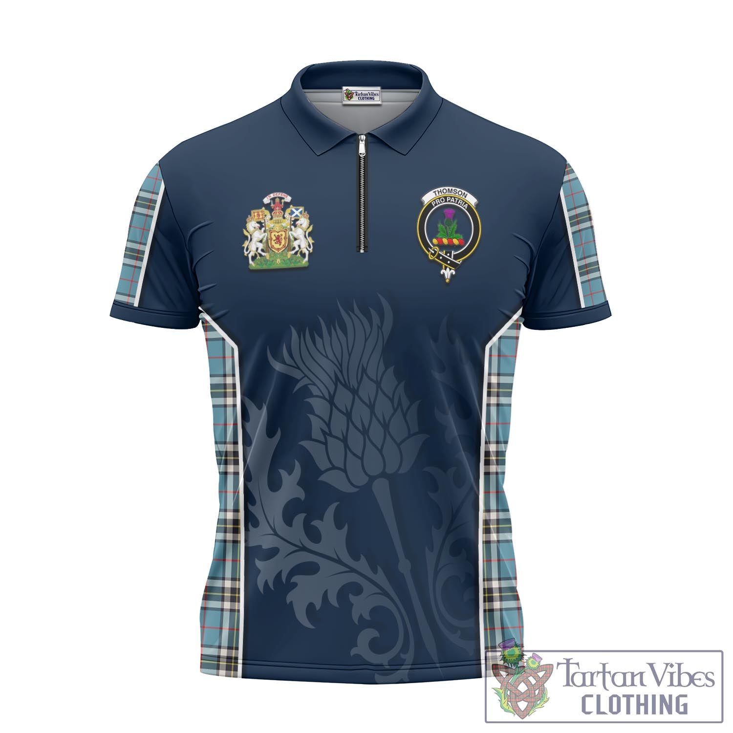 Tartan Vibes Clothing Thomson Tartan Zipper Polo Shirt with Family Crest and Scottish Thistle Vibes Sport Style