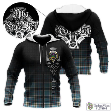 Thomson Tartan Knitted Hoodie Featuring Alba Gu Brath Family Crest Celtic Inspired