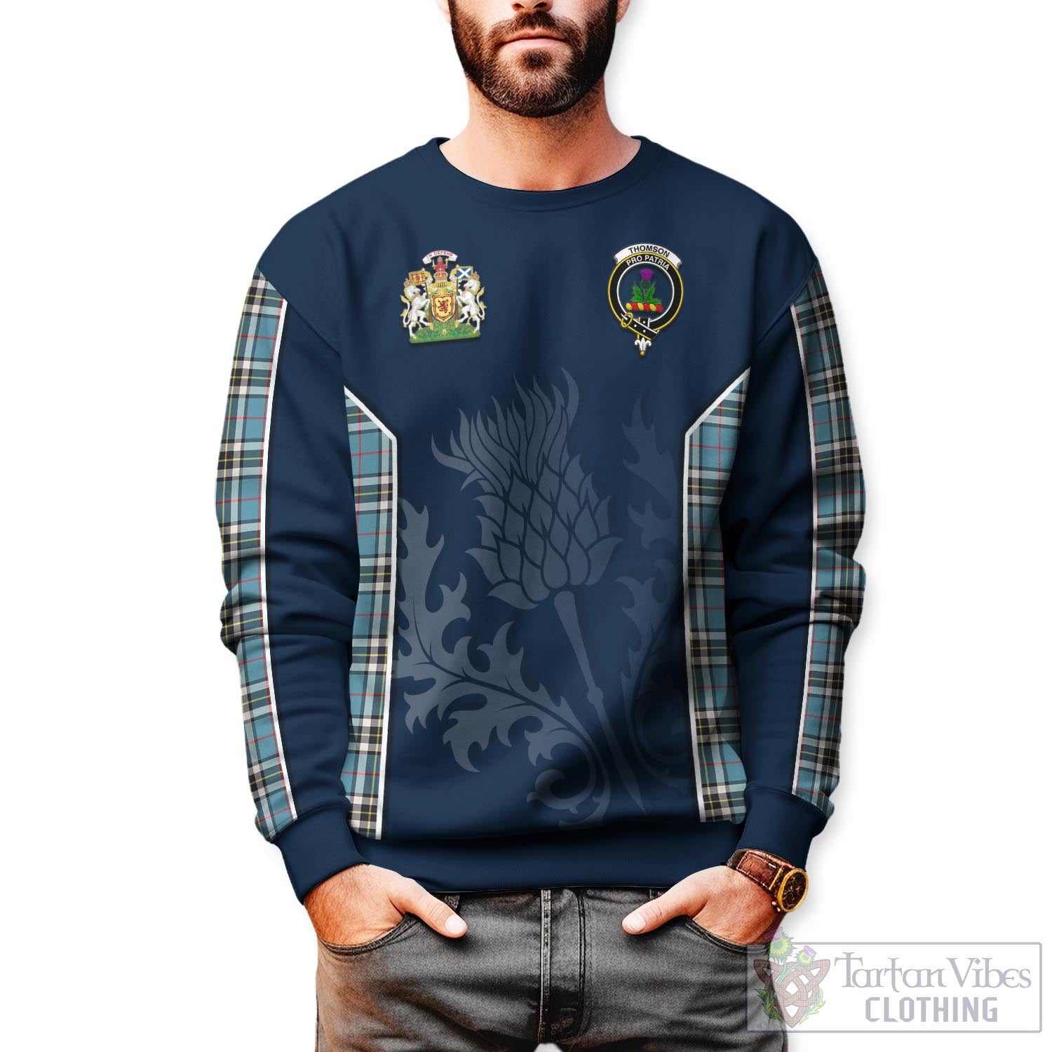 Tartan Vibes Clothing Thomson Tartan Sweatshirt with Family Crest and Scottish Thistle Vibes Sport Style