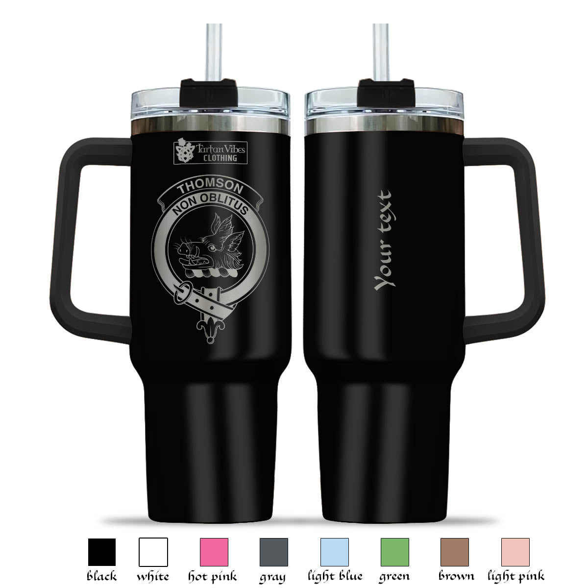Tartan Vibes Clothing Thomson Engraved Family Crest Tumbler with Handle