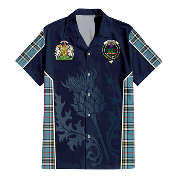 Thomson Tartan Short Sleeve Button Up Shirt with Family Crest and Scottish Thistle Vibes Sport Style