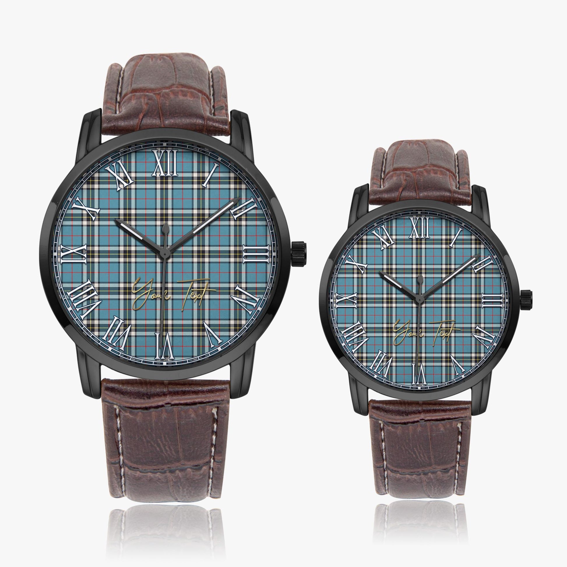 Thomson Tartan Personalized Your Text Leather Trap Quartz Watch Wide Type Black Case With Brown Leather Strap - Tartanvibesclothing Shop