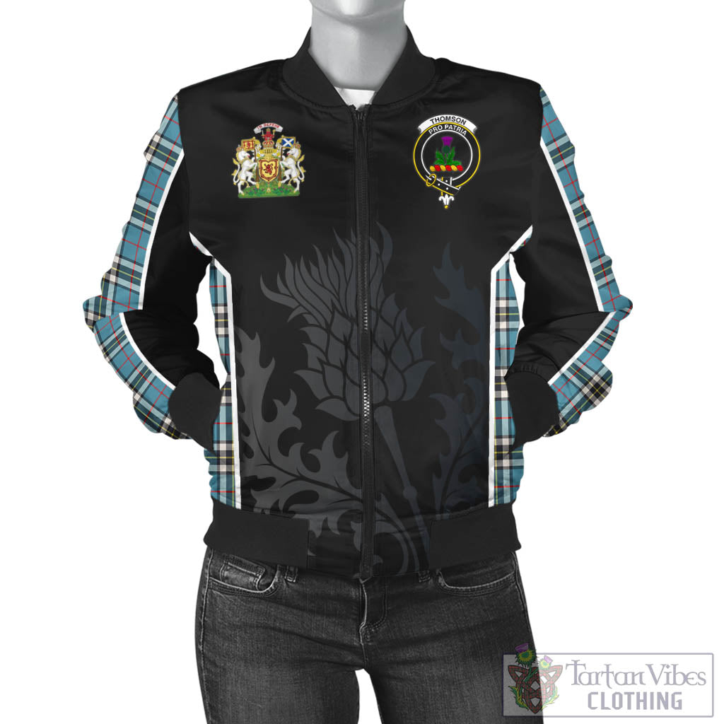 Tartan Vibes Clothing Thomson Tartan Bomber Jacket with Family Crest and Scottish Thistle Vibes Sport Style
