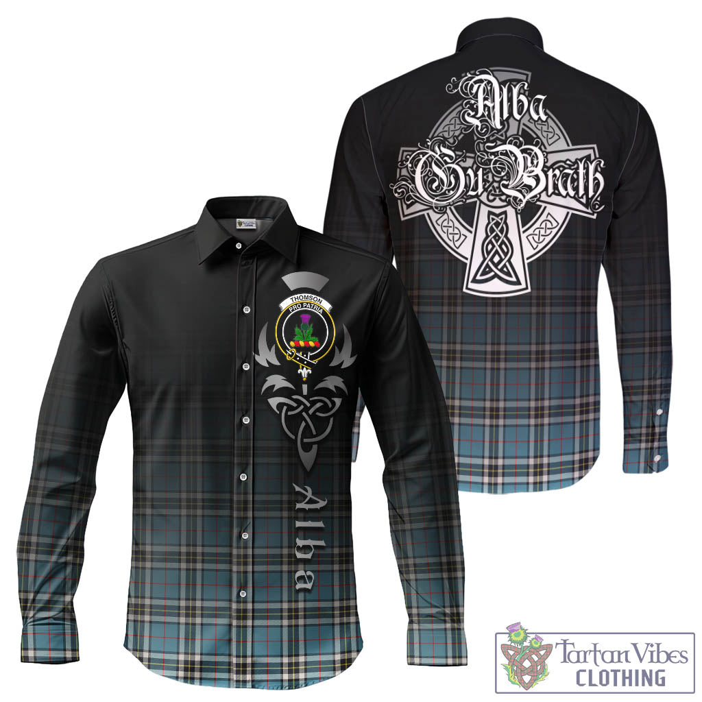Tartan Vibes Clothing Thomson Tartan Long Sleeve Button Up Featuring Alba Gu Brath Family Crest Celtic Inspired