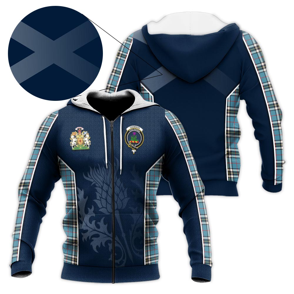 Tartan Vibes Clothing Thomson Tartan Knitted Hoodie with Family Crest and Scottish Thistle Vibes Sport Style