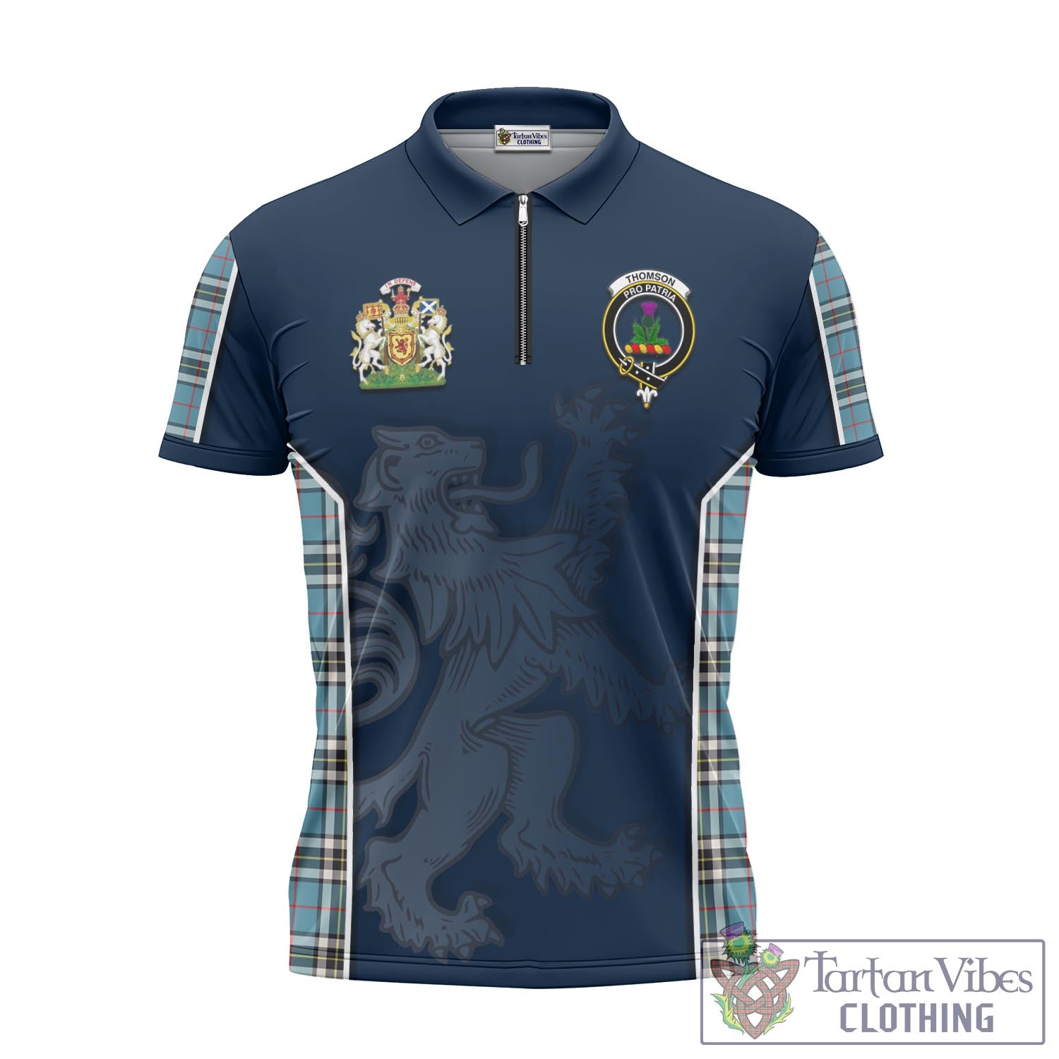 Tartan Vibes Clothing Thomson Tartan Zipper Polo Shirt with Family Crest and Lion Rampant Vibes Sport Style