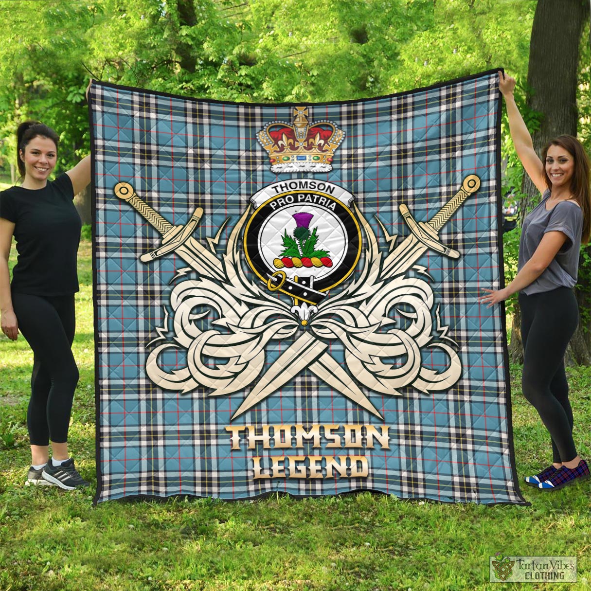 Tartan Vibes Clothing Thomson Tartan Quilt with Clan Crest and the Golden Sword of Courageous Legacy