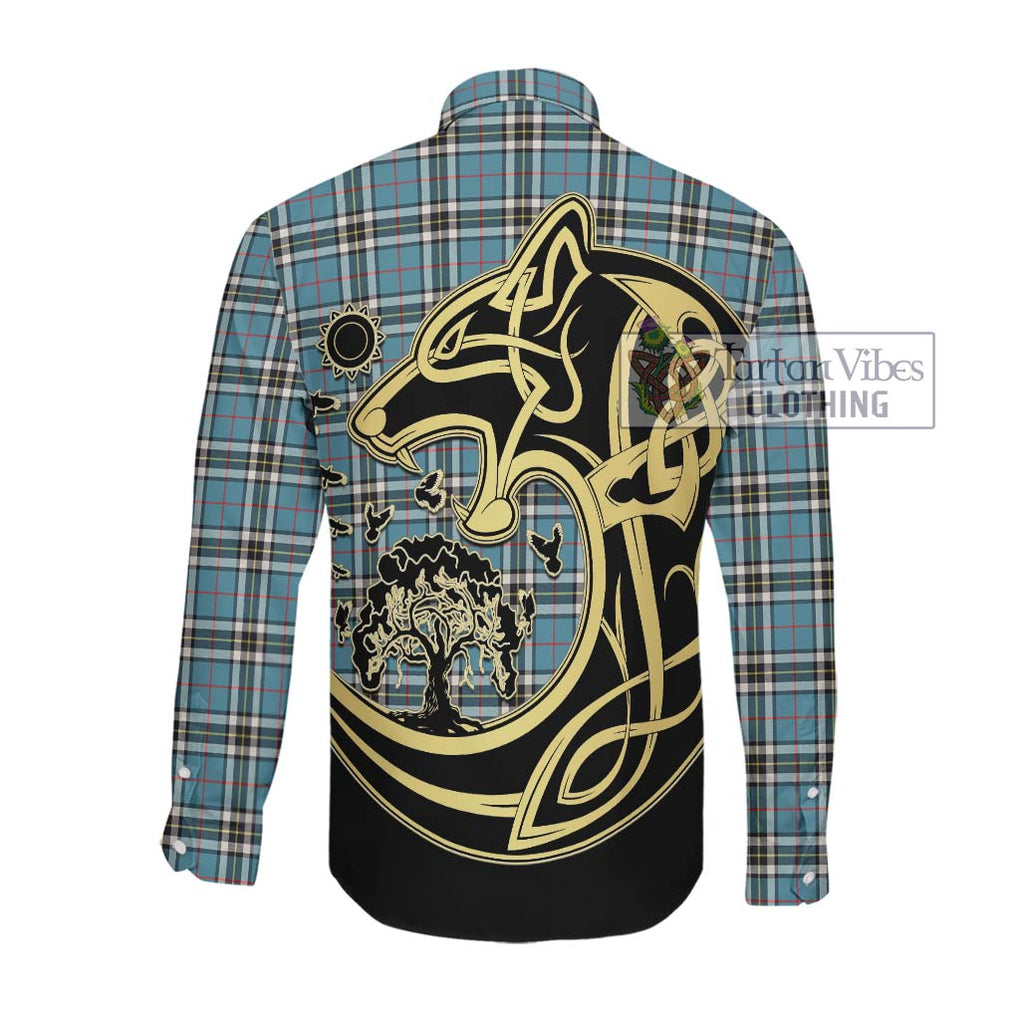 Thompson (Thomson) Tartan Long Sleeve Button Shirt with Family Crest Celtic Wolf Style Men's Shirt - Tartan Vibes Clothing
