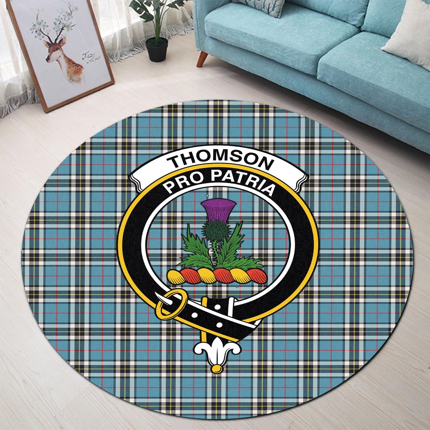thomson-tartan-round-rug-with-family-crest