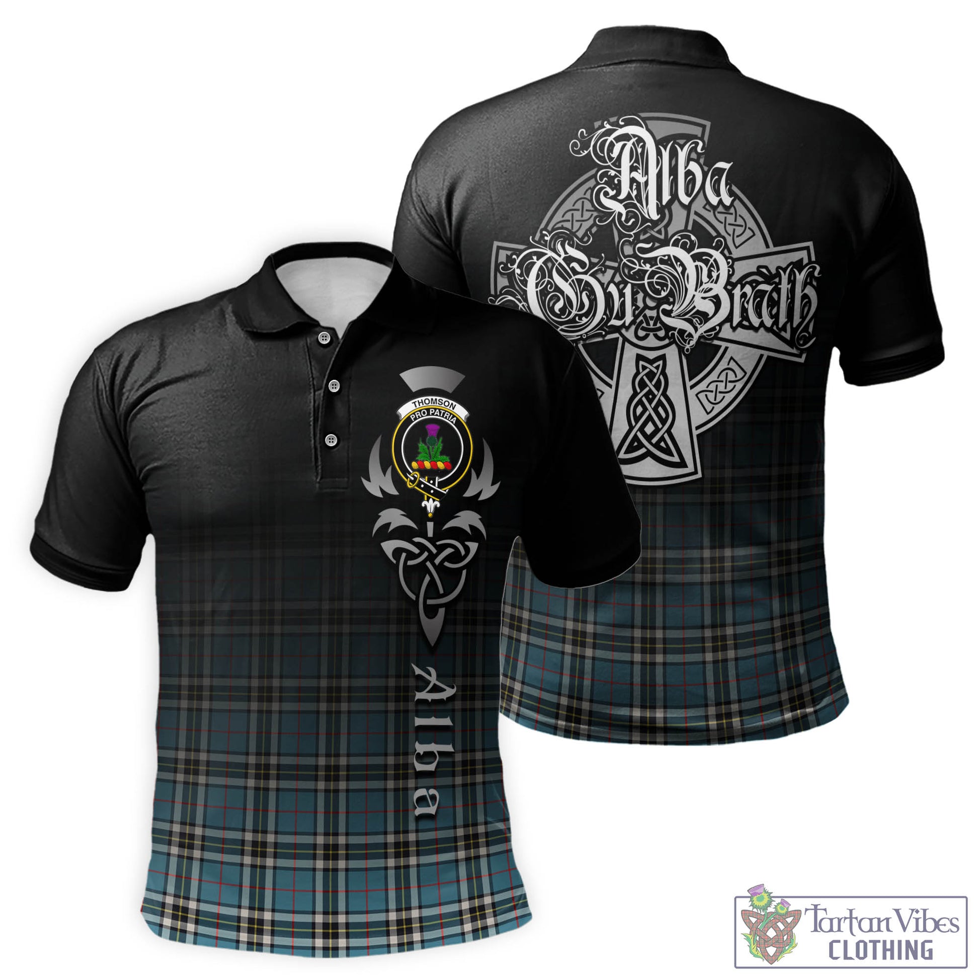 Tartan Vibes Clothing Thomson Tartan Polo Shirt Featuring Alba Gu Brath Family Crest Celtic Inspired