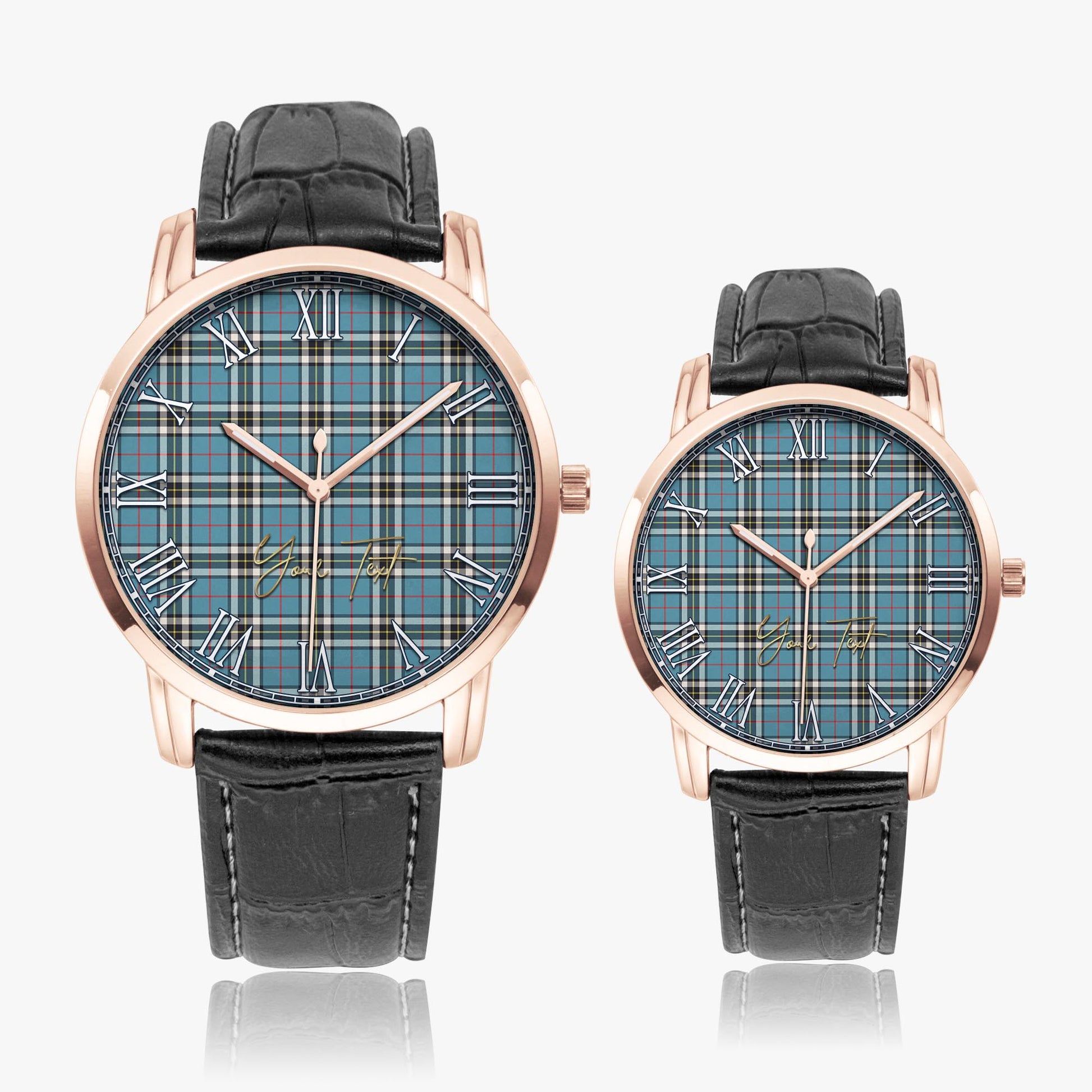 Thomson Tartan Personalized Your Text Leather Trap Quartz Watch Wide Type Rose Gold Case With Black Leather Strap - Tartanvibesclothing Shop