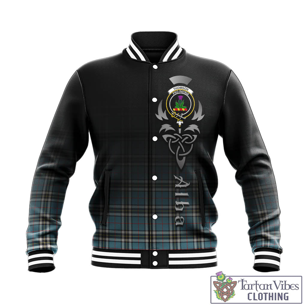 Tartan Vibes Clothing Thomson Tartan Baseball Jacket Featuring Alba Gu Brath Family Crest Celtic Inspired