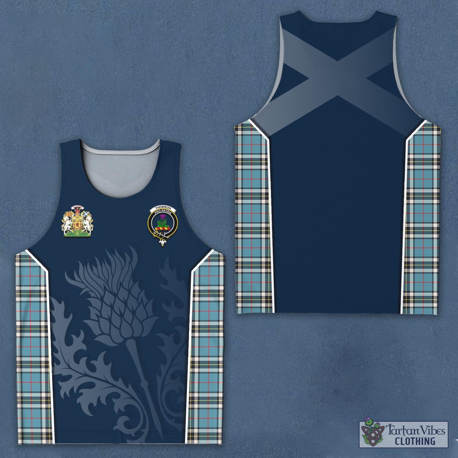 Tartan Vibes Clothing Thomson Tartan Men's Tanks Top with Family Crest and Scottish Thistle Vibes Sport Style