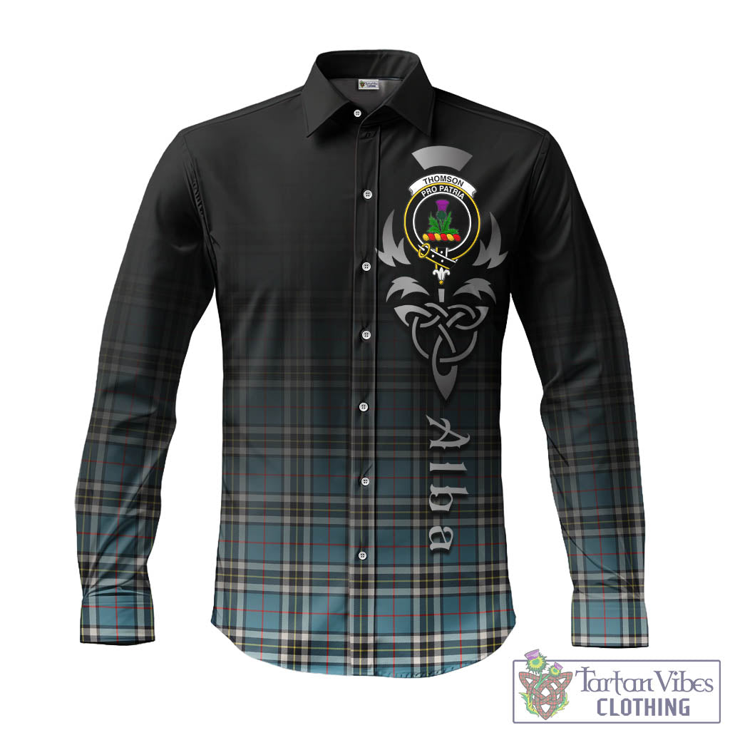 Tartan Vibes Clothing Thomson Tartan Long Sleeve Button Up Featuring Alba Gu Brath Family Crest Celtic Inspired