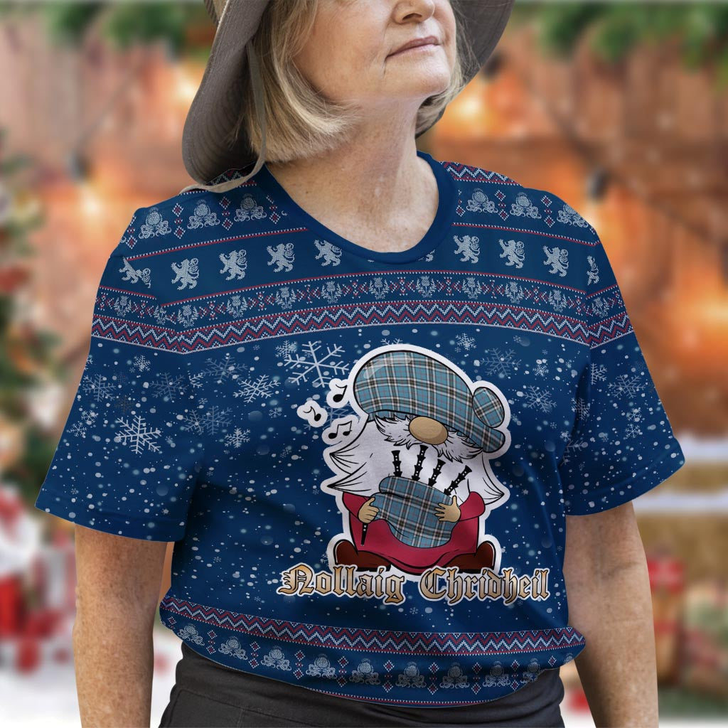 Thomson Clan Christmas Family T-Shirt with Funny Gnome Playing Bagpipes Women's Shirt Blue - Tartanvibesclothing