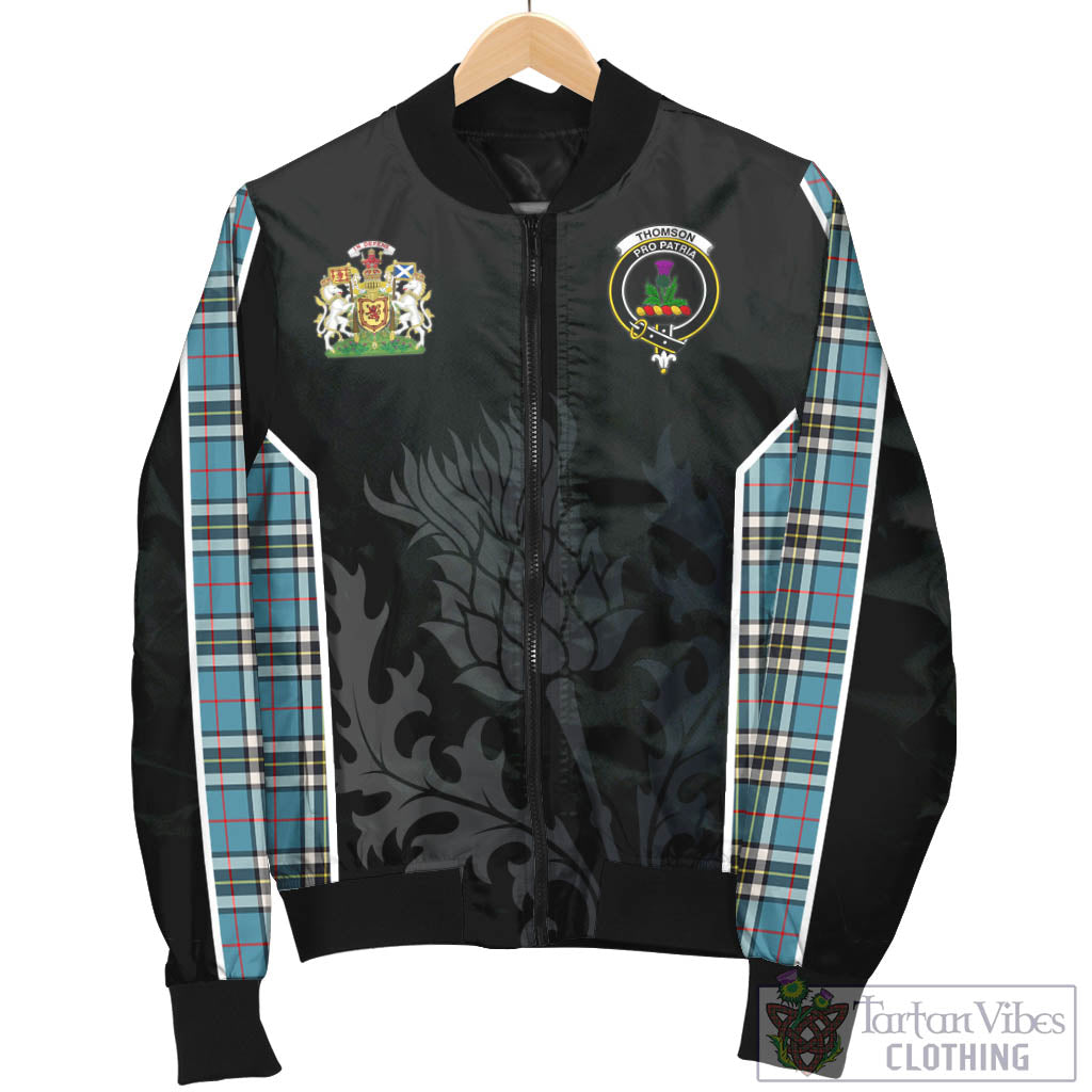 Tartan Vibes Clothing Thomson Tartan Bomber Jacket with Family Crest and Scottish Thistle Vibes Sport Style
