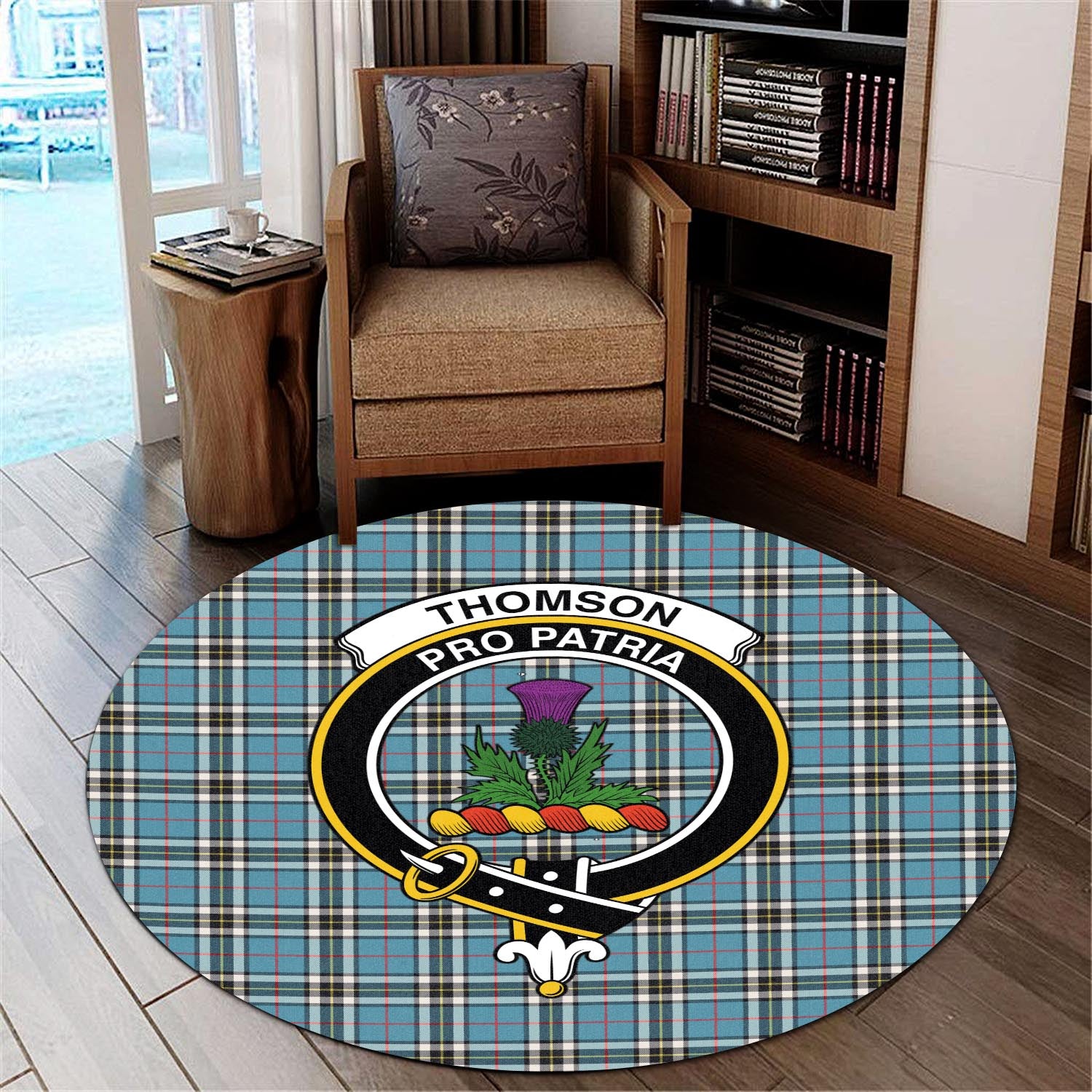 thomson-tartan-round-rug-with-family-crest