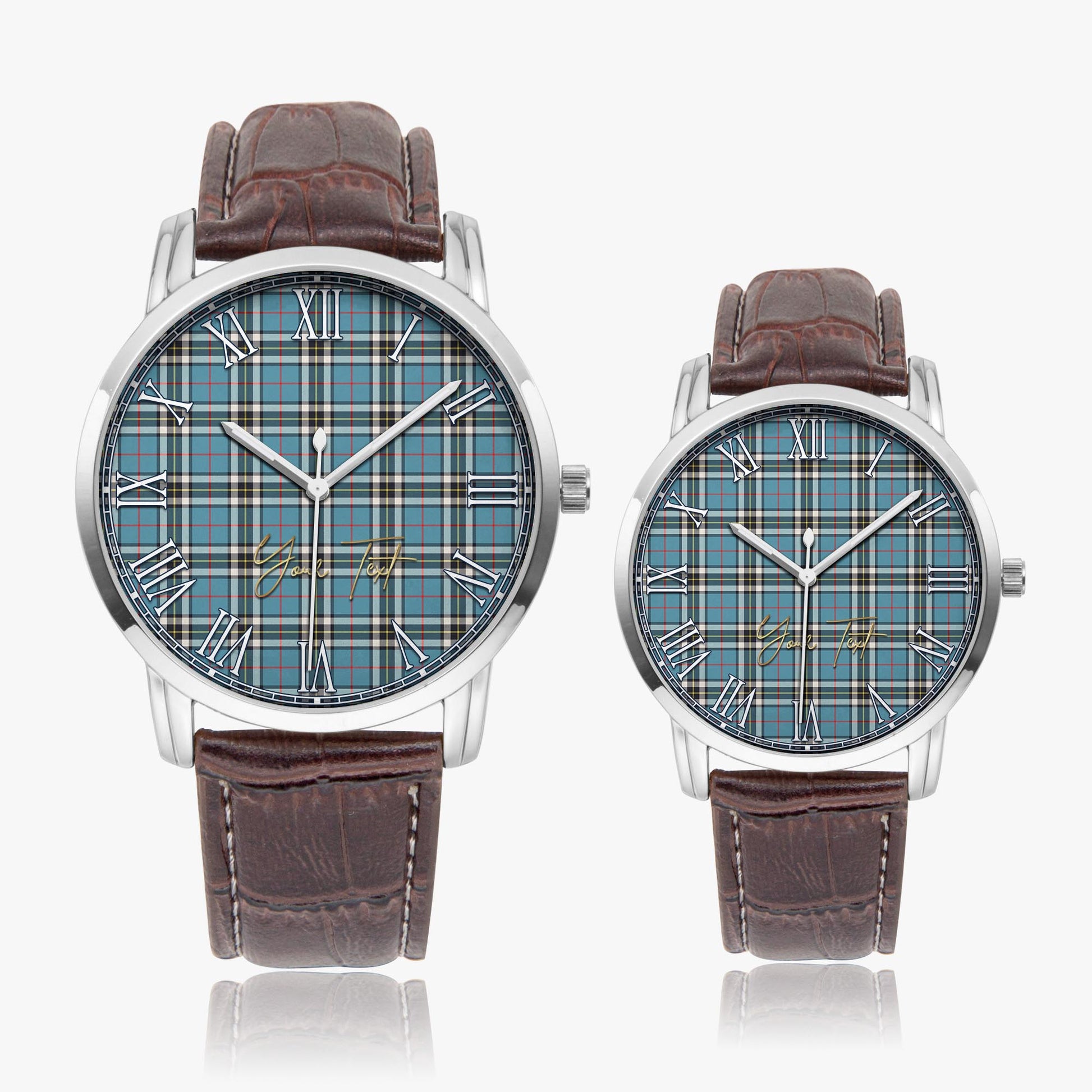 Thomson Tartan Personalized Your Text Leather Trap Quartz Watch Wide Type Silver Case With Brown Leather Strap - Tartanvibesclothing Shop